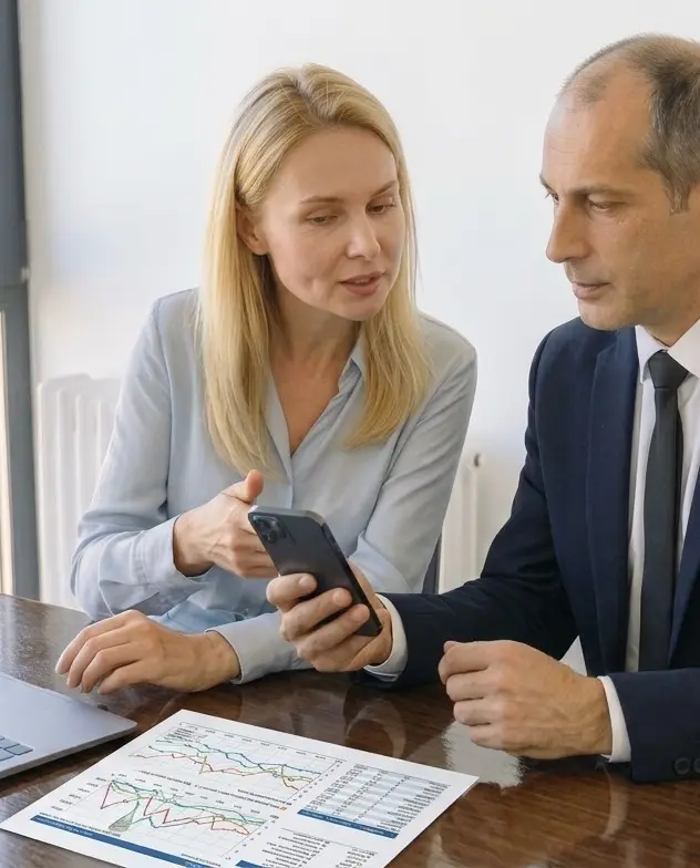 Zwei Personen sehen sich gemeinsam eine Abrechnung auf einem Smartphone an, ausgedruckte Kurven liegen auf dem Tisch