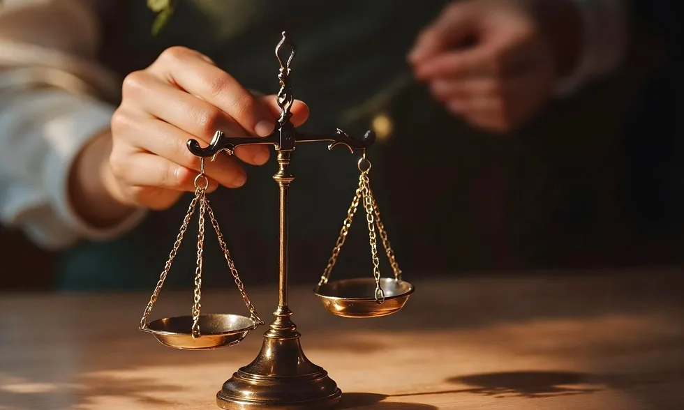 Eine Hand richtet eine Waage auf einem Schreibtisch aus