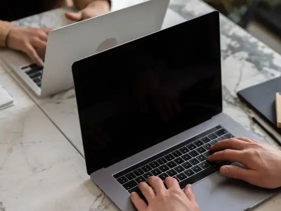 Zwei Personen arbeiten jeweils an ihrem Laptop
